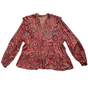 Democracy Ruffle Hem Notch V-Neck Floral Blouse Size XL